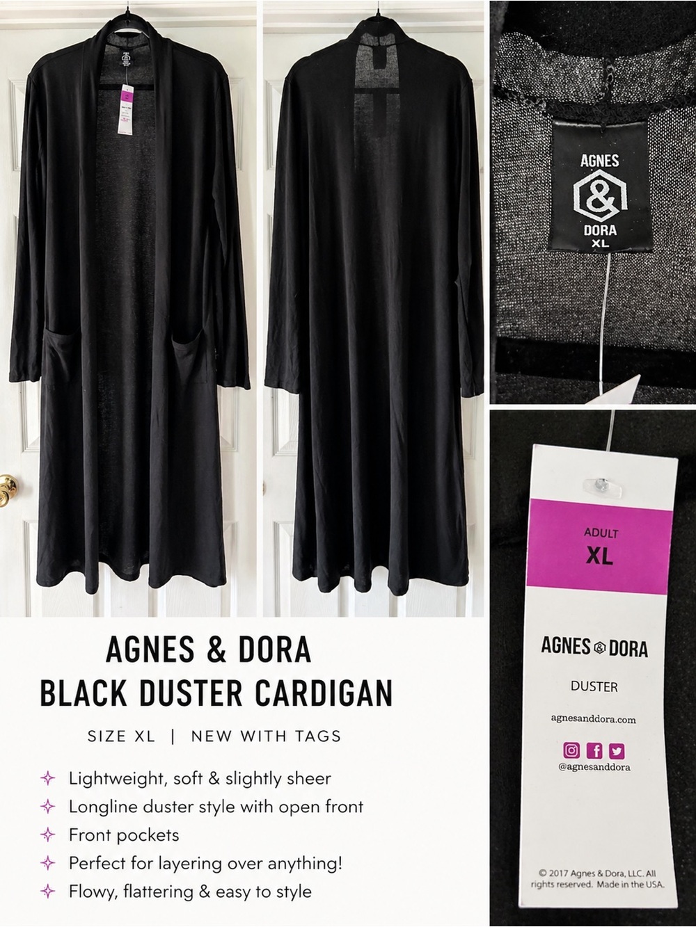 Agnes & Dora Black Duster Cardigan XL Long Open Front Lightweight NWT